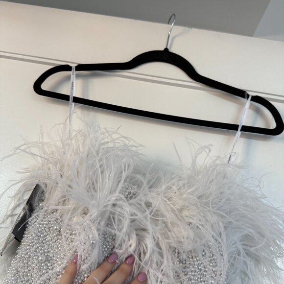 NWT Retrofete Ronit Pearl  Mini Dress Off Shoulder Bodycon Feather Trim Sz XXS - Picture 12 of 13
